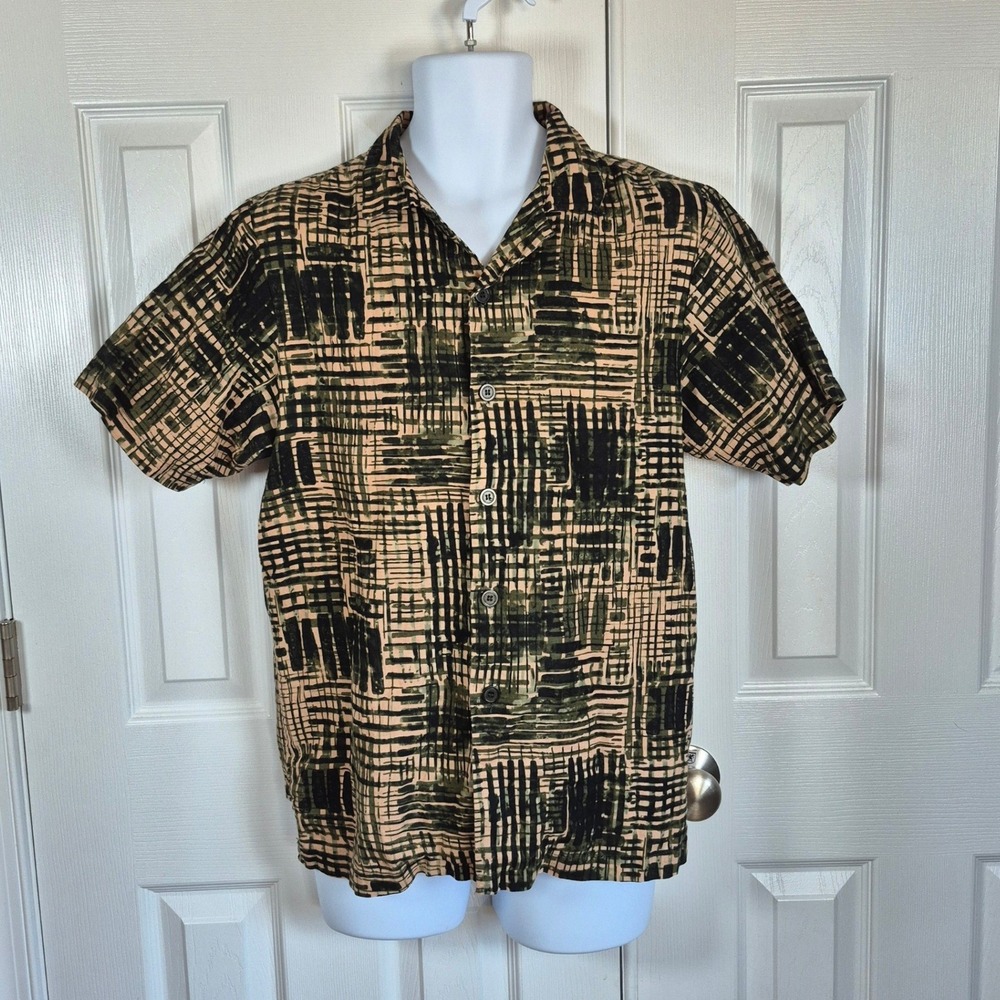 Stacy Adams linen cotton short sleeve button down shirt green tan‎ men's medium